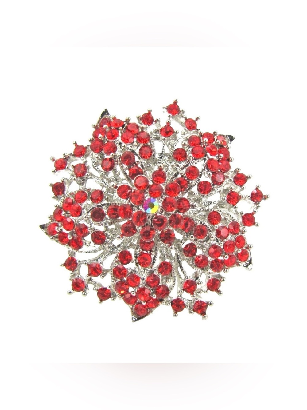 Red crystal flower large brooch pin in a silver plated finish, elegant pin NEW